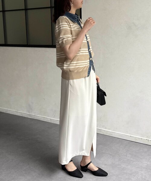 Chez toi（シェトワ）の「デニム切替ボーダーニットシャツ（シャツ/ブラウス・レディース・オフホワイト/チャコールグレー/ベージュ・FREE）」の20枚目の写真