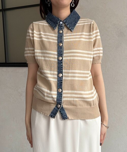 Chez toi（シェトワ）の「デニム切替ボーダーニットシャツ（シャツ/ブラウス・レディース・オフホワイト/チャコールグレー/ベージュ・FREE）」の22枚目の写真