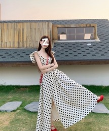 ギャザー フリルスリーブ ロングワンピース