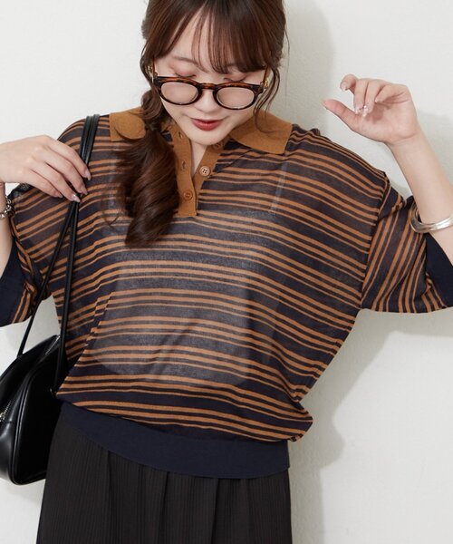 Remind me and forever(リマインドミーアンドフォーエバー)の「シアーボーダーポロ(Tシャツ/カットソー・レディース・ブラウン/ネイビー/アイボリー/ブラック・FREE)」の19枚目の写真