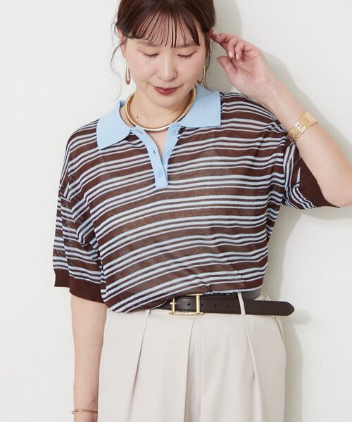 Remind me and forever(リマインドミーアンドフォーエバー)の「シアーボーダーポロ(Tシャツ/カットソー・レディース・ブラウン/ネイビー/アイボリー/ブラック・FREE)」の10枚目の写真