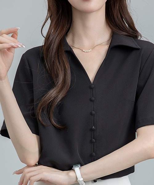 MILAE（ミレ）の「開襟シャツ風オーバーサイズ半袖プルオーバー（シャツ/ブラウス・レディース・ホワイト/ブラック・L/M/S）」の9枚目の写真