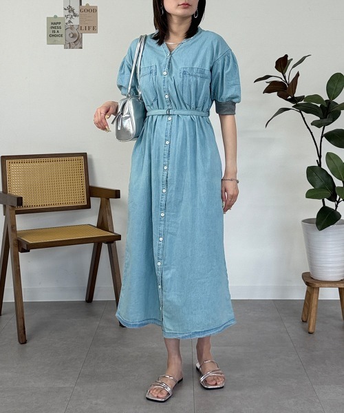 RCD(アールシーディー)の「デニム×リブコンビワンピース(ワンピース・レディース・ライトブルー/ワンウォッシュ・LL~3L/M-L/4L~5L)」の1枚目の写真
