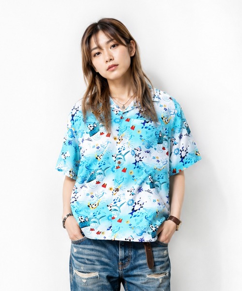 PANDIESTA（パンディエスタ）の「シャークパンダアロハシャツ(M2)（Tシャツ/カットソー・メンズ・イエロー/ネイビー/サックスブルー・M/L/XL/XXL）」の14枚目の写真
