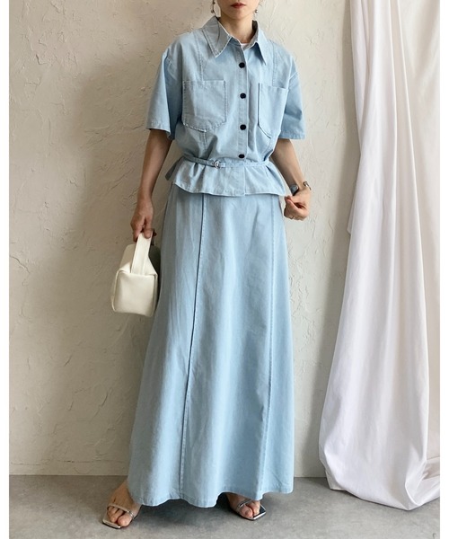 She's Closet(シーズクローゼット)の「サマーデニムダンガリーシャツ&スカートセットアップ(セットアップ・レディース・インディゴブルー/ライトブルー・FREE)」の5枚目の写真