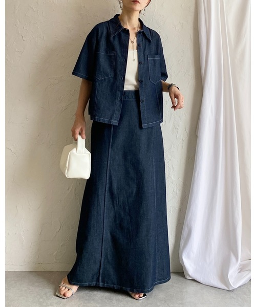 She's Closet(シーズクローゼット)の「サマーデニムダンガリーシャツ&スカートセットアップ(セットアップ・レディース・インディゴブルー/ライトブルー・FREE)」の9枚目の写真