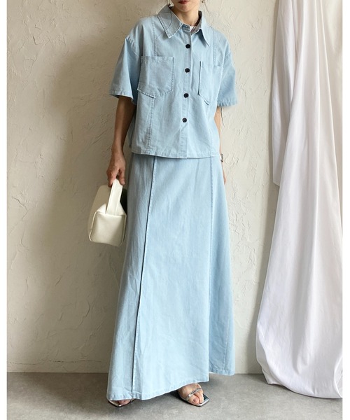 She's Closet(シーズクローゼット)の「サマーデニムダンガリーシャツ&スカートセットアップ(セットアップ・レディース・インディゴブルー/ライトブルー・FREE)」の10枚目の写真