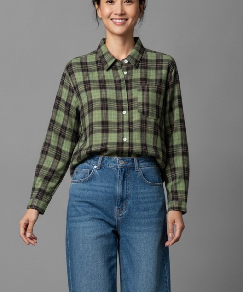N.s(エヌドットエス)の「オーバーサイズ チェックネルシャツ ビッグシルエット 長袖シャツ(シャツ/ブラウス・レディース・ブラック/グリーン・FREE)」の1枚目の写真