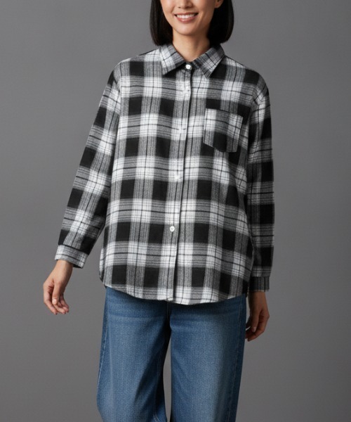 N.s(エヌドットエス)の「オーバーサイズ チェックネルシャツ ビッグシルエット 長袖シャツ(シャツ/ブラウス・レディース・ブラック/グリーン・FREE)」の2枚目の写真