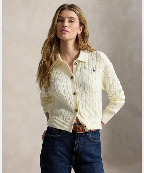 【大人気】POLO RALPH LAUREN(ポロラルフローレン)：カーディガン ケーブル コットン ポロカラー カーディガン（カーディガン/ボレロ