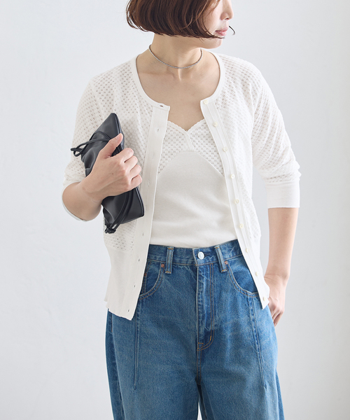 journal standard L'essage（ジャーナルスタンダードレサージュ）の「コットンメッシュカーディガン（カーディガン/ボレロ・レディース・ホワイト/ブラック・FREE）」の10枚目の写真