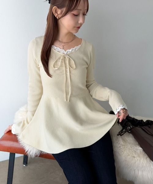 mily bilet(ミウィビレット)の「【mily bilet】甘さをひとさじ、華やぐ大人ガーリー。レースレイヤード風ギャザーリボンペプラムニット(長袖)(ニット/セーター・レディース・アイボリー/ブラウン/チャコール・LARGE/SMALL/X-LARGE/MEDIUM)」の12枚目の写真
