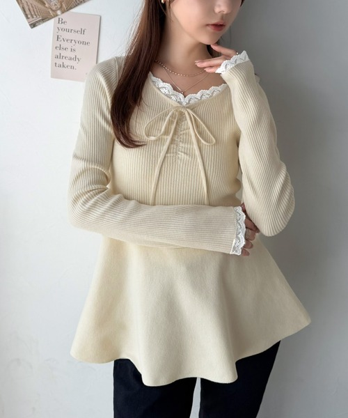 mily bilet(ミウィビレット)の「【mily bilet】甘さをひとさじ、華やぐ大人ガーリー。レースレイヤード風ギャザーリボンペプラムニット(長袖)(ニット/セーター・レディース・アイボリー/ブラウン/チャコール・LARGE/SMALL/X-LARGE/MEDIUM)」の19枚目の写真