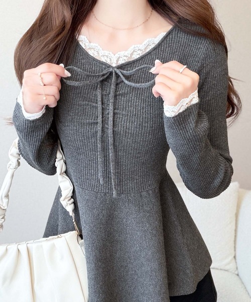 mily bilet(ミウィビレット)の「【mily bilet】甘さをひとさじ、華やぐ大人ガーリー。レースレイヤード風ギャザーリボンペプラムニット(長袖)(ニット/セーター・レディース・アイボリー/ブラウン/チャコール・LARGE/SMALL/X-LARGE/MEDIUM)」の20枚目の写真