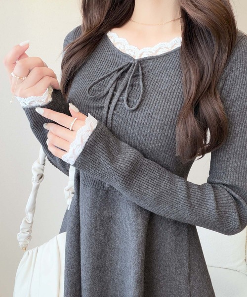 mily bilet(ミウィビレット)の「【mily bilet】甘さをひとさじ、華やぐ大人ガーリー。レースレイヤード風ギャザーリボンペプラムニット(長袖)(ニット/セーター・レディース・アイボリー/ブラウン/チャコール・LARGE/SMALL/X-LARGE/MEDIUM)」の21枚目の写真