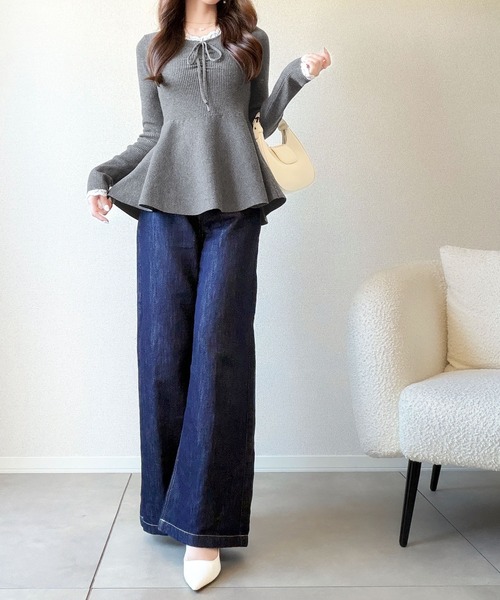 mily bilet(ミウィビレット)の「【mily bilet】甘さをひとさじ、華やぐ大人ガーリー。レースレイヤード風ギャザーリボンペプラムニット(長袖)(ニット/セーター・レディース・アイボリー/ブラウン/チャコール・LARGE/SMALL/X-LARGE/MEDIUM)」の22枚目の写真