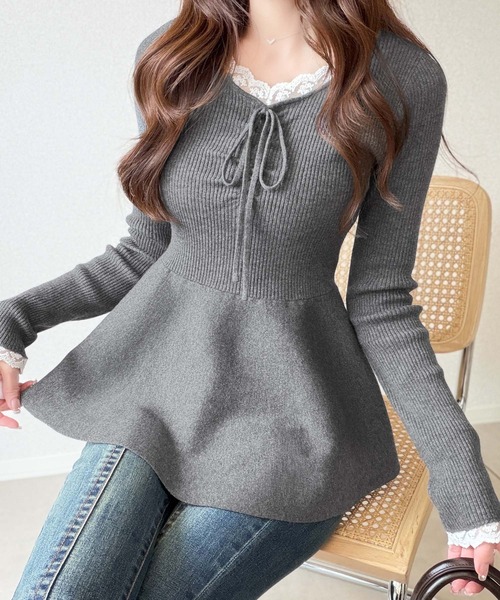 mily bilet(ミウィビレット)の「【mily bilet】甘さをひとさじ、華やぐ大人ガーリー。レースレイヤード風ギャザーリボンペプラムニット(長袖)(ニット/セーター・レディース・アイボリー/ブラウン/チャコール・LARGE/SMALL/X-LARGE/MEDIUM)」の8枚目の写真