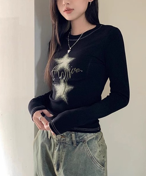 SHEPP(シープ)の「スターグラフィック配色ステッチタイトロンT(Tシャツ/カットソー・レディース・ホワイト/ブラック・M/L)」の2枚目の写真