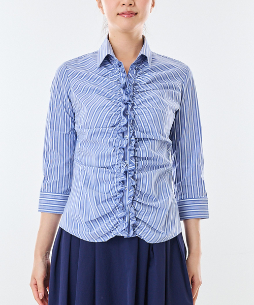 NARACAMICIE(ナラカミーチェ)の「【NARACAMICIE】ストレッチストライプフロントギャザー七分袖シャツ(シャツ/ブラウス・レディース・ブラウン/ブルー・M/S/L/XL)」の3枚目の写真
