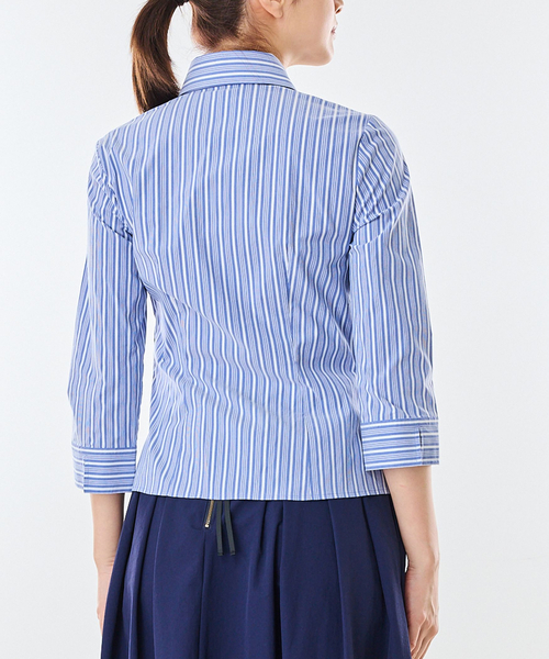 NARACAMICIE(ナラカミーチェ)の「【NARACAMICIE】ストレッチストライプフロントギャザー七分袖シャツ(シャツ/ブラウス・レディース・ブラウン/ブルー・M/S/L/XL)」の5枚目の写真