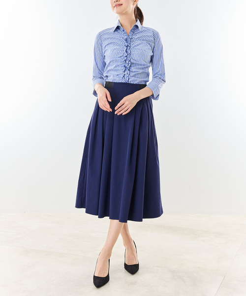 NARACAMICIE(ナラカミーチェ)の「【NARACAMICIE】ストレッチストライプフロントギャザー七分袖シャツ(シャツ/ブラウス・レディース・ブラウン/ブルー・M/S/L/XL)」の11枚目の写真