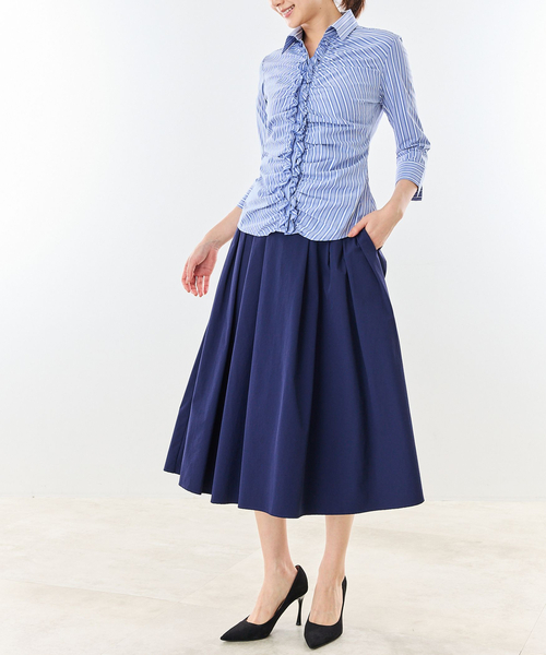 NARACAMICIE(ナラカミーチェ)の「【NARACAMICIE】ストレッチストライプフロントギャザー七分袖シャツ(シャツ/ブラウス・レディース・ブラウン/ブルー・M/S/L/XL)」の12枚目の写真