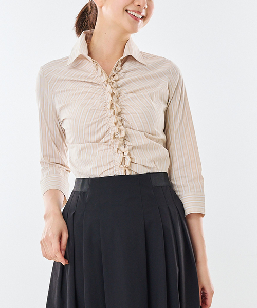 NARACAMICIE(ナラカミーチェ)の「【NARACAMICIE】ストレッチストライプフロントギャザー七分袖シャツ(シャツ/ブラウス・レディース・ブラウン/ブルー・M/S/L/XL)」の14枚目の写真
