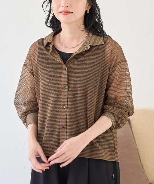 coen(コーエン)の「シアーボーダー レギュラーカラー長袖シャツ(シャツ/ブラウス・レディース・ナチュラル/ブラウン・FREE)」の10枚目の写真