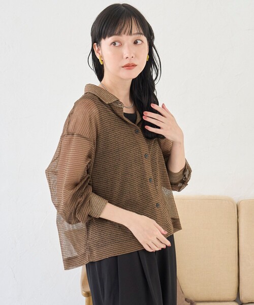 coen(コーエン)の「シアーボーダー レギュラーカラー長袖シャツ(シャツ/ブラウス・レディース・ナチュラル/ブラウン・FREE)」の11枚目の写真