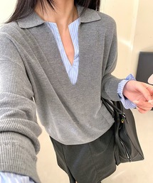 ツートンポロ襟 レイヤード感通勤ニットトップス
