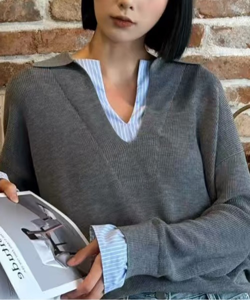 CHUN CHUN NOTES(チュンチュンノーツ)の「ツートンポロ襟 レイヤード感通勤ニットトップス(ニット/セーター・レディース・ネイビー/グレー・M)」の5枚目の写真