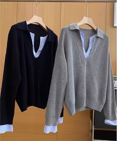 CHUN CHUN NOTES(チュンチュンノーツ)の「ツートンポロ襟 レイヤード感通勤ニットトップス(ニット/セーター・レディース・ネイビー/グレー・M)」の6枚目の写真