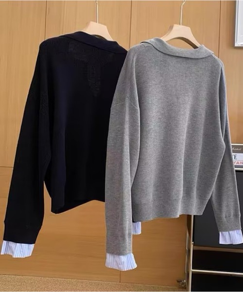 CHUN CHUN NOTES(チュンチュンノーツ)の「ツートンポロ襟 レイヤード感通勤ニットトップス(ニット/セーター・レディース・ネイビー/グレー・M)」の7枚目の写真