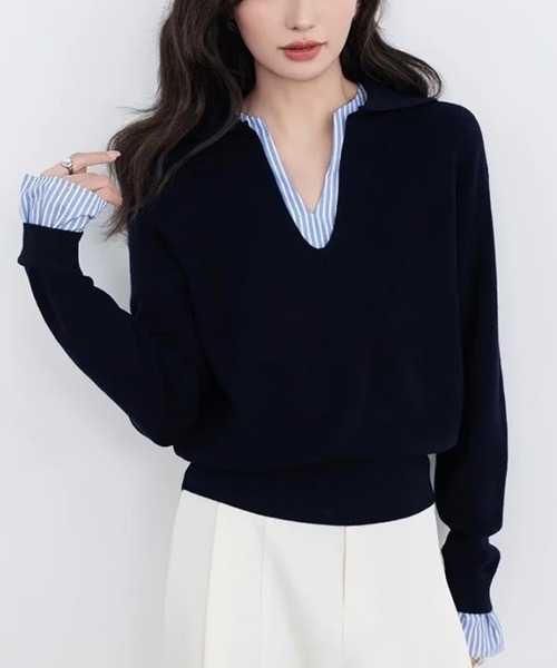 CHUN CHUN NOTES(チュンチュンノーツ)の「ツートンポロ襟 レイヤード感通勤ニットトップス(ニット/セーター・レディース・ネイビー/グレー・M)」の9枚目の写真