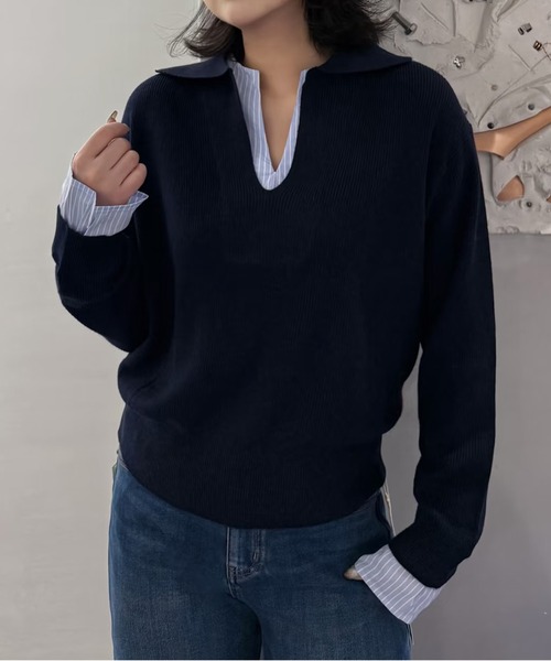 CHUN CHUN NOTES(チュンチュンノーツ)の「ツートンポロ襟 レイヤード感通勤ニットトップス(ニット/セーター・レディース・ネイビー/グレー・M)」の15枚目の写真