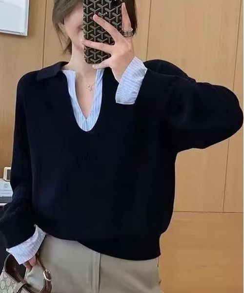 CHUN CHUN NOTES(チュンチュンノーツ)の「ツートンポロ襟 レイヤード感通勤ニットトップス(ニット/セーター・レディース・ネイビー/グレー・M)」の19枚目の写真