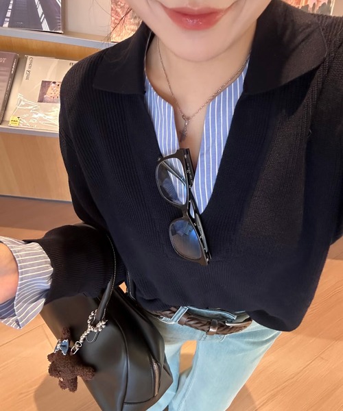 CHUN CHUN NOTES(チュンチュンノーツ)の「ツートンポロ襟 レイヤード感通勤ニットトップス(ニット/セーター・レディース・ネイビー/グレー・M)」の22枚目の写真