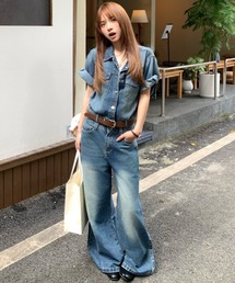 デニムシャツ&ハイウエストデニムパンツセットアップ