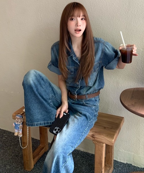 Aelina(エリナ)の「デニムシャツ&ハイウエストデニムパンツセットアップ(セットアップ・レディース・ブルー・S/M/L)」の12枚目の写真