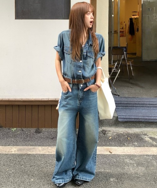 Aelina(エリナ)の「デニムシャツ&ハイウエストデニムパンツセットアップ(セットアップ・レディース・ブルー・S/M/L)」の9枚目の写真