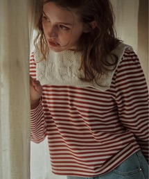 ottilie | 【 nap / ナップ 】 Crochet Collar Border Top / ナップ クロシェ カラー ボーダー トップ IFI(Tシャツ/カットソー)