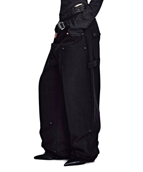 SECONDMONO（セカンドモノローグ）の「レザーパネル カーペンター ワイドデニム [ブラック]_SEPT083BLACK（デニムパンツ・レディース・その他・26/28/30/32/34）」の2枚目の写真