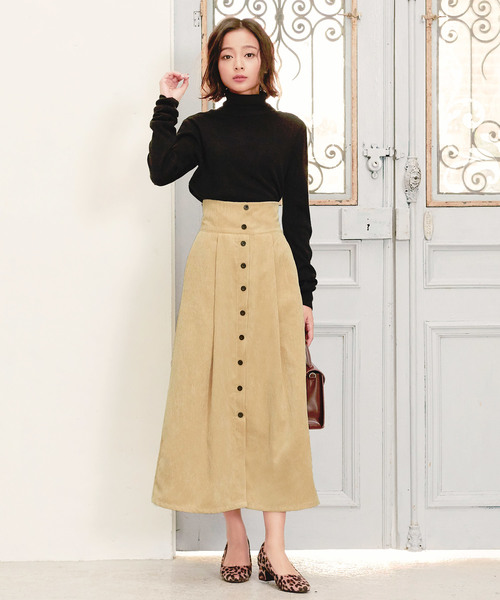 KOBE LETTUCE（コウベレタス）の「無地コーデュロイorグレンチェック柄フロントボタンハイウエストセミフレアスカート（スカート・レディース・ベージュ/ネイビー/モカ/チェック・FREE）」の2枚目の写真