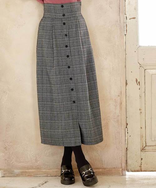 KOBE LETTUCE（コウベレタス）の「無地コーデュロイorグレンチェック柄フロントボタンハイウエストセミフレアスカート（スカート・レディース・ベージュ/ネイビー/モカ/チェック・FREE）」の4枚目の写真