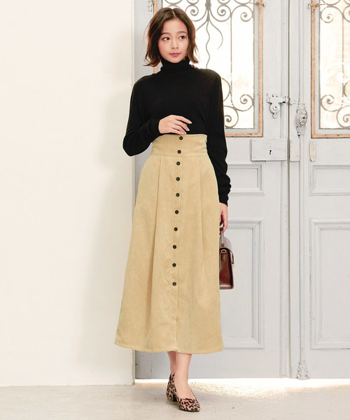 KOBE LETTUCE（コウベレタス）の「無地コーデュロイorグレンチェック柄フロントボタンハイウエストセミフレアスカート（スカート・レディース・ベージュ/ネイビー/モカ/チェック・FREE）」の12枚目の写真