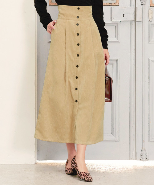 KOBE LETTUCE（コウベレタス）の「無地コーデュロイorグレンチェック柄フロントボタンハイウエストセミフレアスカート（スカート・レディース・ベージュ/ネイビー/モカ/チェック・FREE）」の9枚目の写真