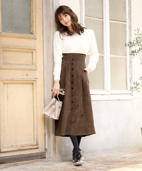 KOBE LETTUCE（コウベレタス）の「無地コーデュロイorグレンチェック柄フロントボタンハイウエストセミフレアスカート（スカート・レディース・ベージュ/ネイビー/モカ/チェック・FREE）」の14枚目の写真