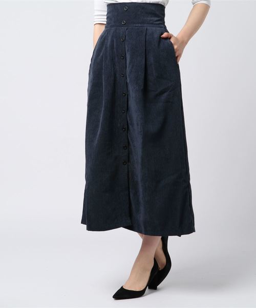 KOBE LETTUCE（コウベレタス）の「無地コーデュロイorグレンチェック柄フロントボタンハイウエストセミフレアスカート（スカート・レディース・ベージュ/ネイビー/モカ/チェック・FREE）」の3枚目の写真