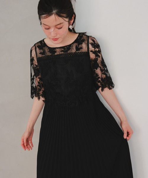 オリジナル模様柄刺繍レース使い プリーツ加工ミモレ丈