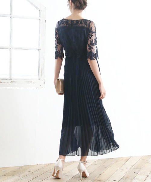 オリジナル模様柄刺繍レース使い プリーツ加工ミモレ丈